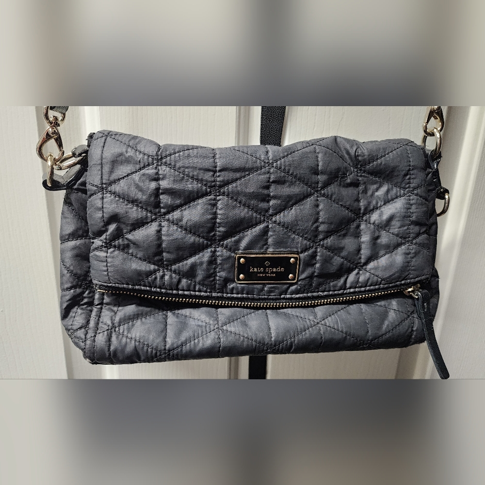 Kate Spade Zipper & Magnetic Snap Fold Over Pocket Black Quilted Crossbody Bag